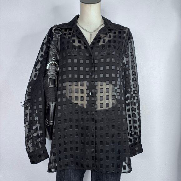 Vintage Sheer Black Grid Blouse Mesh Button Up Y2K Grunge Officecore Large - Picture 3 of 8